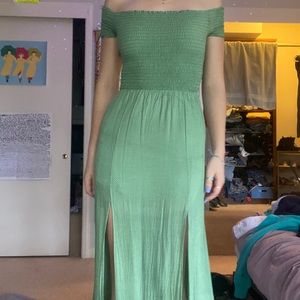White poka dot off the shoulder green midi dress